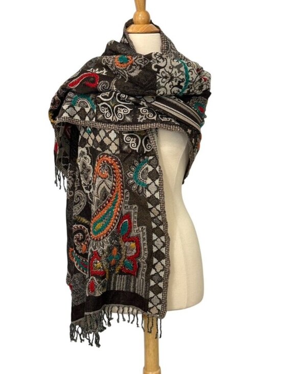 Bul-Bul Handicraft Accessories - Bul-Bul Handicraft Pure Wool Scarf Embroidered Colorful Yarn Paisley 26"W x 71"L
